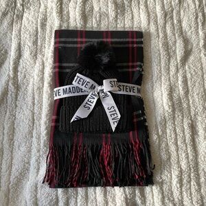 Steve Madden Black and Red Plaid Scarf and Beanie Gift Set One Size